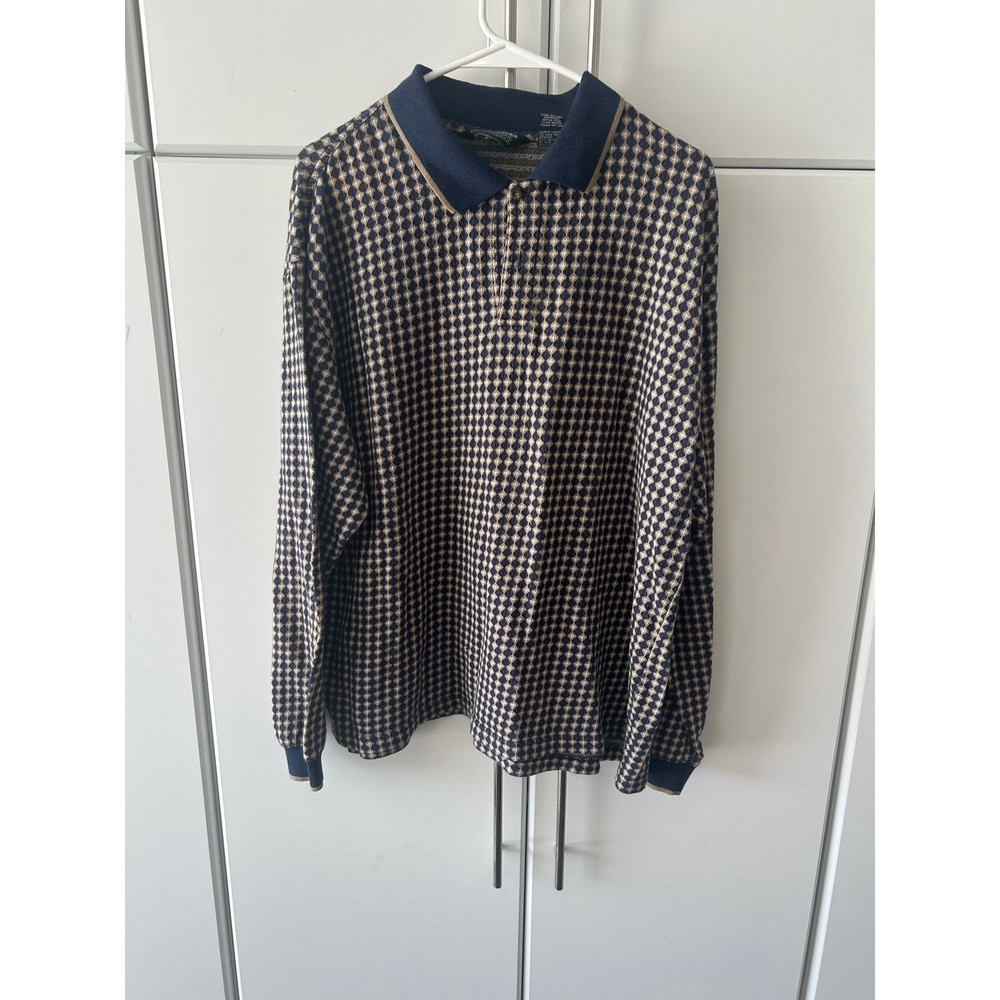 Knightsbridge Mens XL Long Sleeve Polo Shirt Blue Tan Diamond Geometric Knit